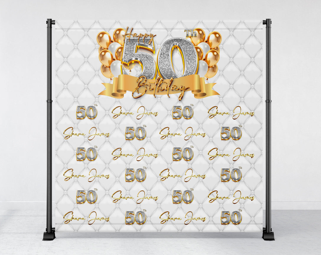 Birthday Backdrop Banner Gold & White 50th
