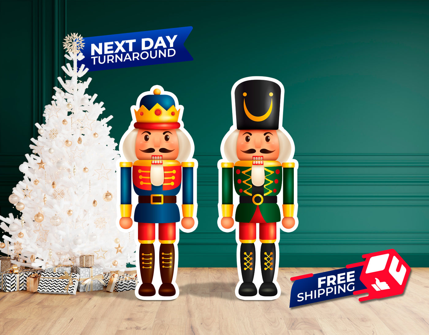 a paper cutout of two nutcrackers next to a christmas tree